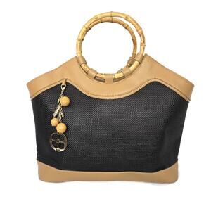 Iman Global Chic Women's Black Straw Tan Vegan Leather Handbag Tote